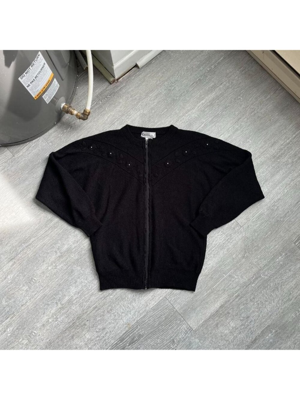 Black Vintage 90’s “Sentiments” Zip-Up Wool Blend Flower Sweater